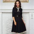 3/4-sleeve Bow Accent Lace Panel Dress