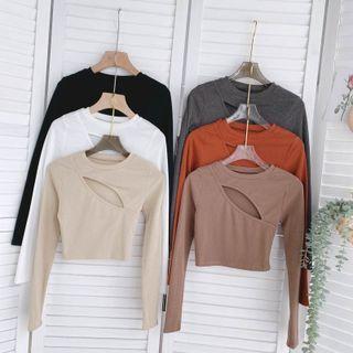 Plain Round-neck Cutout Long-sleeve Top