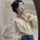 Long-sleeve Ruffled V-neck Blouse Almond - One Size