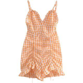 Spaghetti Strap Gingham Drawstring Romper
