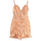 Spaghetti Strap Gingham Drawstring Romper