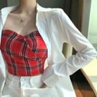 Plain Long-sleeve Slim-fit Shirt / Plaid Tube Top