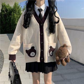 Bear Print Cardigan / Plain Shirt / Tie / Mini Pleated Skirt / Set