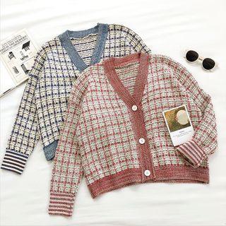 Color-block Plaid V-neck Long-sleeve Cardigan
