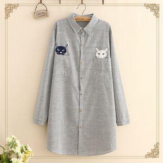 Cat Embroidery Striped Long Shirt