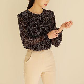 Layered-collar Patterned Blouse Navy Blue - One Size