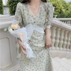 Puff-sleeve V-neck Floral Button-up Midi Dress As Shown In Figure - One Size