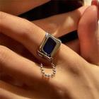 Square Alloy Rhinestone Open Ring Blue & Silver - One Size