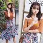 Set: Elbow-sleeve Off Shoulder T-shirt + Patterned Skirt