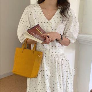 V-neck Dotted Puff-sleeve Midi Dress