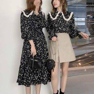 Ruffle Trim Blouse / Heart Long-sleeve Midi A-line Dress