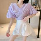 Short-sleeve V-neck Blouse / Wide-leg Shorts