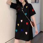 Short-sleeve Heart Embroidered Mini Polo Dress