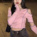 Contrast Trim Cold Shoulder Crop T-shirt With Mittens