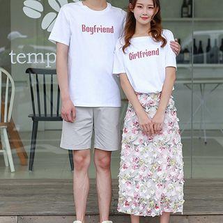 Couple Matching Set: Short-sleeve Print T-shirt + Flower Print A-line Skirt / Shorts