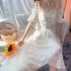 Off-shoulder Short-sleeve Embroidered Flower Mesh Dress