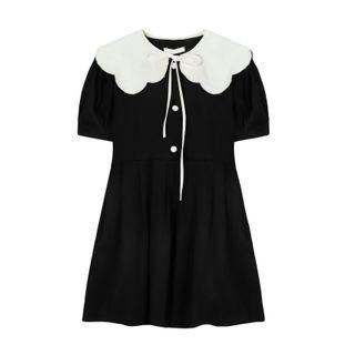 Set : Peter Pan Collar Tie-strap Shawl + Short-sleeve Plain Dress Black - One Size
