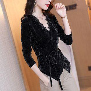 Long-sleeve Lace Trim Velvet Top