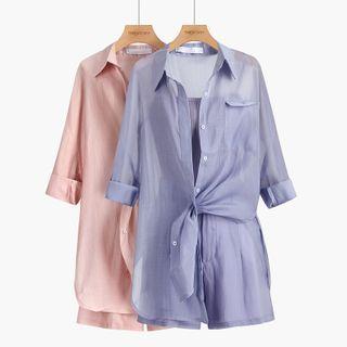 Set: Plain Shirt + Ribbed Camisole Top + Shorts
