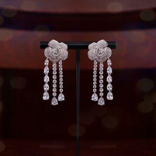 Wedding Flower Rhinestone Fringed Earring 1 Pair - Silver - One Size