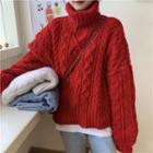 Plain Turtleneck Oversize Cable-knit Sweater