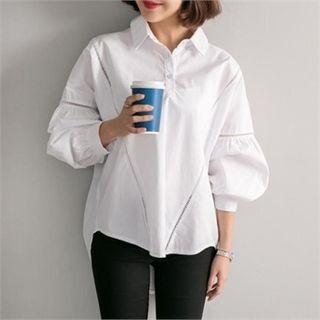 Puff-sleeve Half-placket Perforated-trim Top