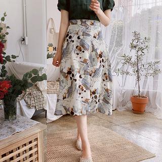 Band-waist Pattern Flare Skirt Mint Green - One Size