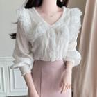 Lace-frilled Crinkled Blouse Ivory - One Size