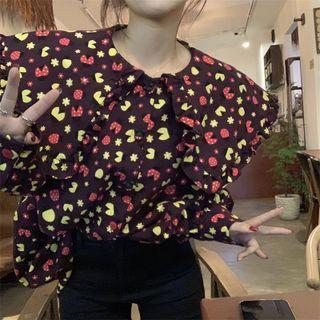 Ruffle Trim Collar Floral Blouse Shirt - Floral - Wine Red - One Size