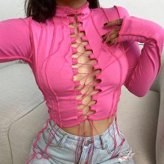 Long-sleeve Lace-up Mock-neck Crop Top