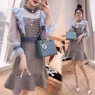 Long-sleeve Ruffled Lace Panel Mini Dress