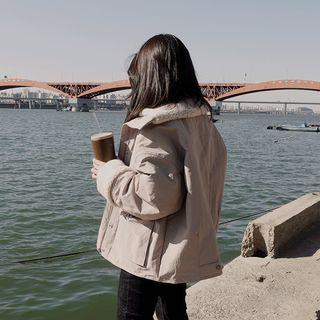 High-neck Fleece-lined Jacket Beige - One Size