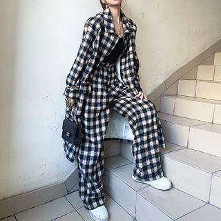 Long-sleeve Plaid Long Shirt / Wide-leg Pants / Set