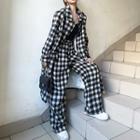 Long-sleeve Plaid Long Shirt / Wide-leg Pants / Set