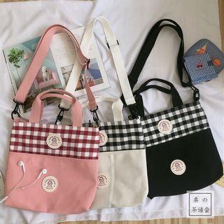 Canvas Plaid Panel Crossbody Tote