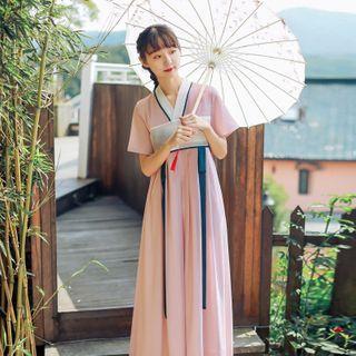 Contrast Color Short-sleeve V-neck Maxi A-line Hanfu Dress