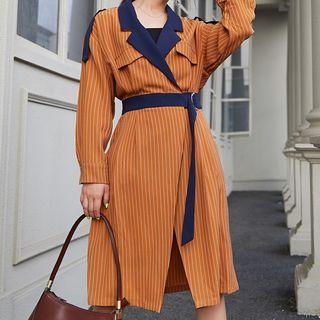 Single-breasted Sashed Striped Long Coat