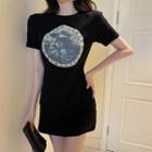 Short-sleeve Print Mini T-shirt Dress Black - One Size