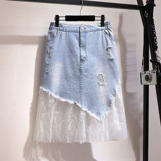 Lace Paneled Distressed A-line Denim Skirt