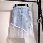 Lace Paneled Distressed A-line Denim Skirt