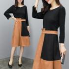 Set: Long-sleeve Top + Two Tone A-line Faux Suded Skirt