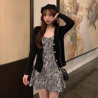 Cardigan / Spaghetti Strap Zebra Print Mini A-line Dress
