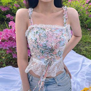 Floral Print Lace Trim Camisole Top Light Blue - One Size