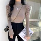 Puff-sleeve Mock-neck Slim T-shirt