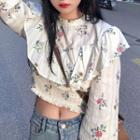Flower Print Ruffle Blouse Pink Flower Print - White - One Size