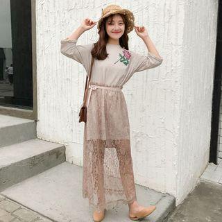 Set : Print Short-sleeve T-shirt Dress + Mesh Maxi Skirt