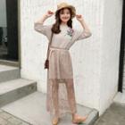 Set : Print Short-sleeve T-shirt Dress + Mesh Maxi Skirt