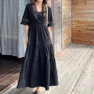 Elbow-sleeve Lace Trim Midi Smock Dress