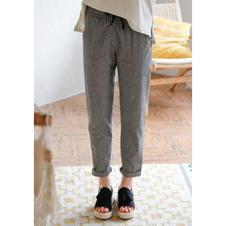 Drawcord-waist Gingham Tapered Pants