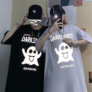 Elbow-sleeve Reflexive Ghost Print T-shirt